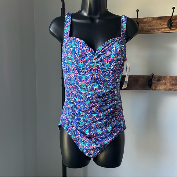 Swim Solutions Women's Tummy-Control Shirred One-Piece Swimsuit (Navy Multi, 12) - Picture 2 of 6